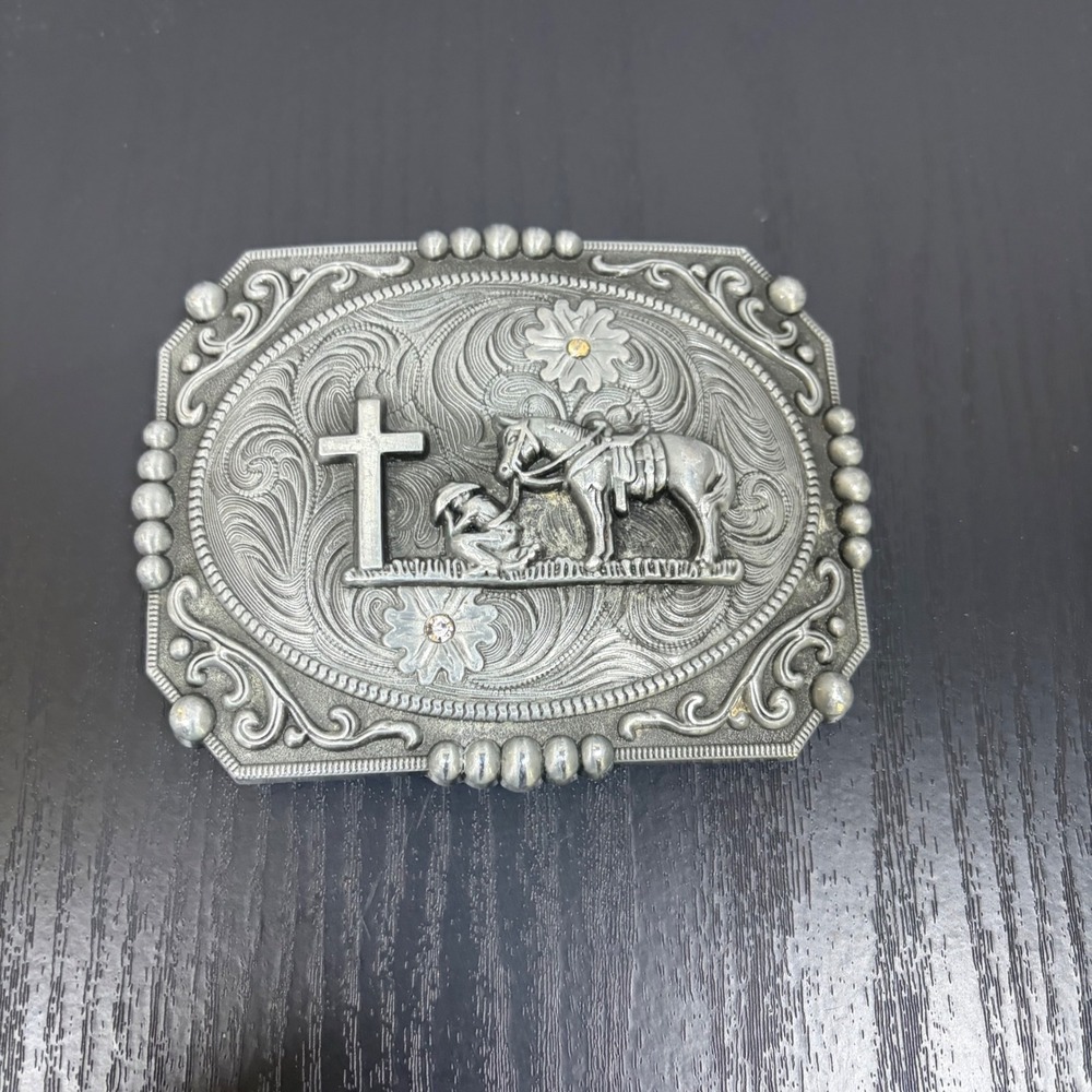 Mens Silver Western Belt Buckle Praying Cowboy Horse Cross Religious Rodeo Style
